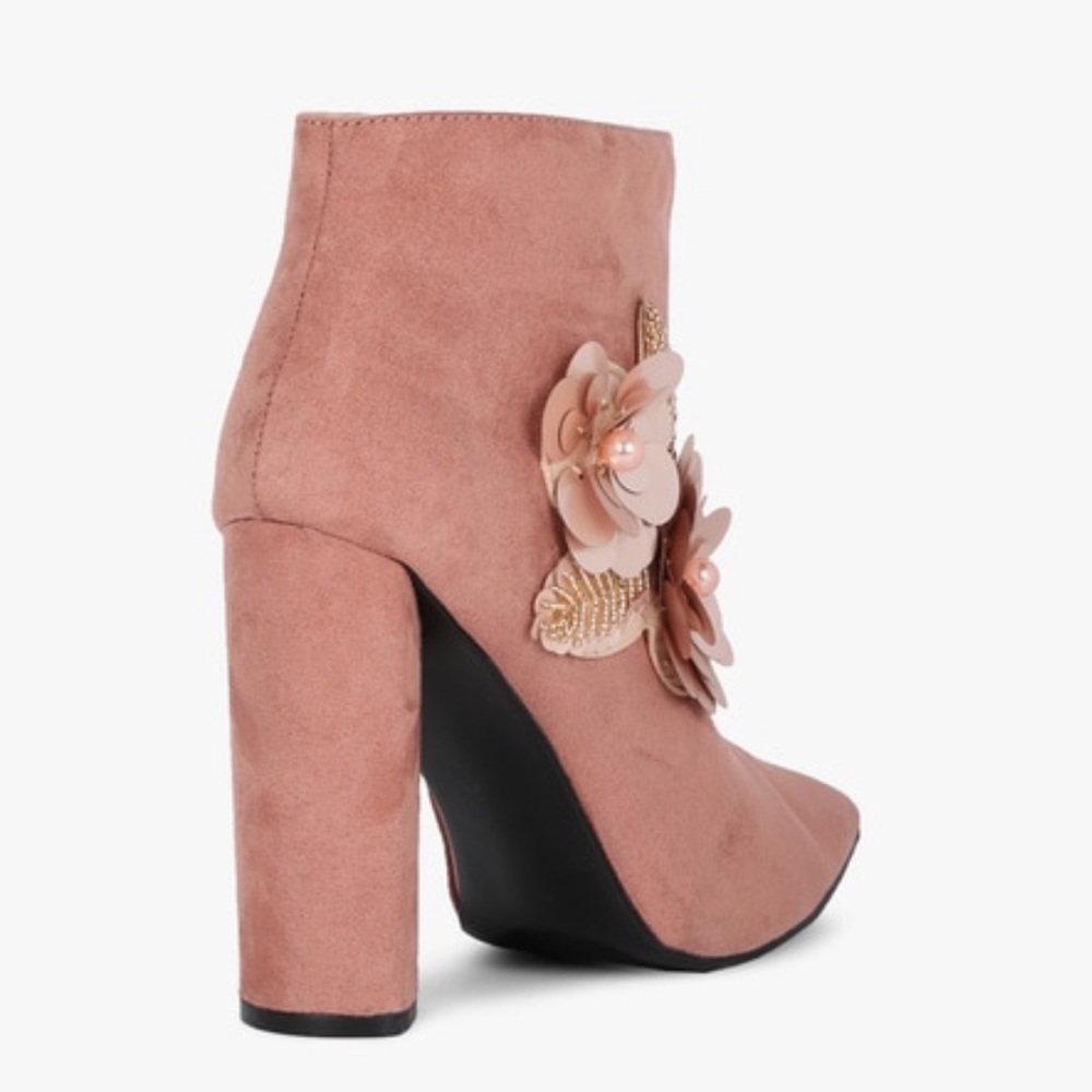 Mauve pink floral appliqué suede bootie - Picture 7 of 11